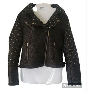 Glamourous Black Faux Leather Silver Studded Moto Biker Jacket Womens Sz Large